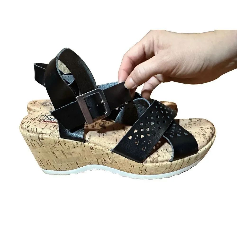 Skechers Womens sz 8‎ Black Bohemias Urban Pixie Platform Wedge Sandals